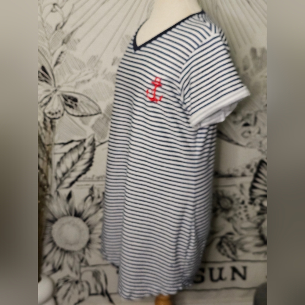 EUC Ingear Resort Navy Blue Nautical Striped T Shirt Dress Beachy Travel Size XL